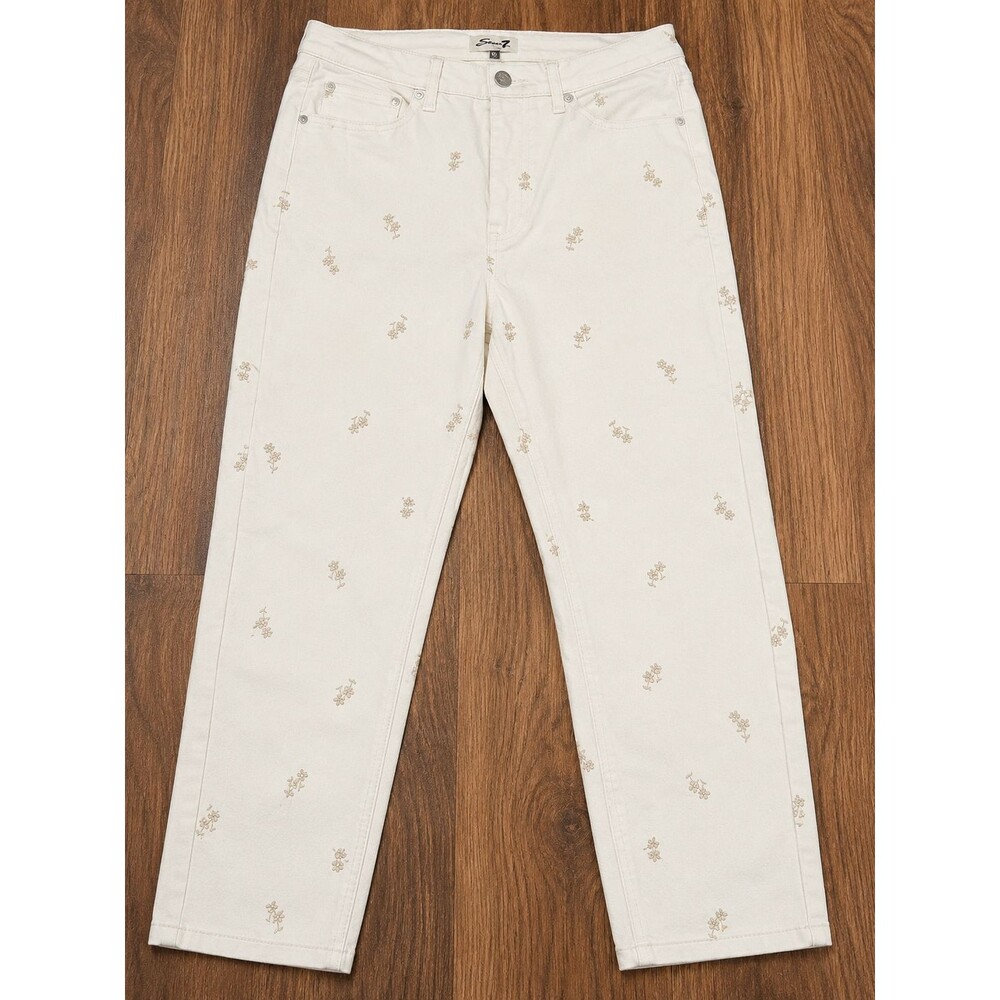 Seven7 Women's White 90s Embroidered Floral Straight Leg Jeans Size 10